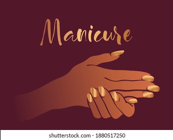 Nails art salon vector logo.Illustration of Afro American woman hand with elegant, beautiful manicure.Cosmetics, beauty, spa and style icon isolated on dark background.Shiny metal gold nail polish.