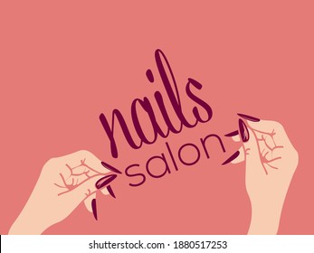 Nails art salon vector logo.Illustration of woman hands with elegant, beautiful manicure.Cosmetics, beauty, spa and style illustration isolated on coral color background.Dark red nail polish.