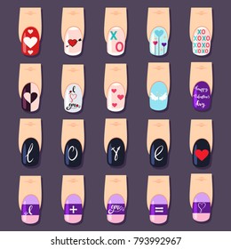 Nails Art Set For St. Valentine's Day. Vector Cartoon Design Of A Female Manicure For A Holiday.