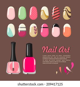 Nails art templates and polish bottle for manicure salon services