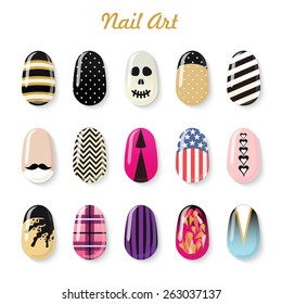 Nails art vector templates and polish bottle for manicure salon services