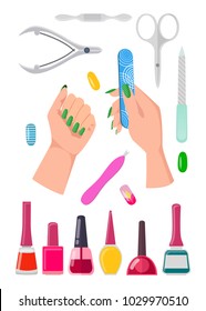 Nails care collection, banner with hands holding fingernail file, polish in glass bottles, scissors and tools, samples isolated on vector illustration