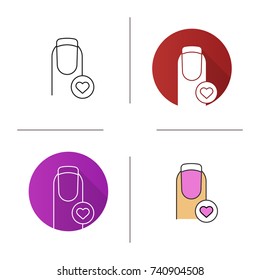Nails care icon. Flat design, linear and color styles. Favorite manicure type. French manicure with heart. Isolated vector illustrations