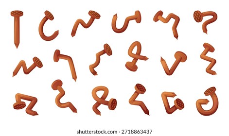 Unhas. Aço danificado e enferrujado pregos curvados vetor exato ilustração conjunto isolado