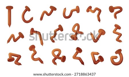 Nails. Damaged steel and rusty old curved nails exact vector cartoon illustration set isolated
