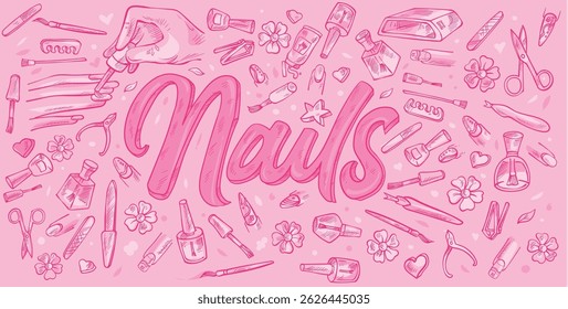Nails  Doodle Line Art Illustration. Hand Drawn Vector. background Banner Set elements