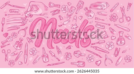 Nails  Doodle Line Art Illustration. Hand Drawn Vector. background Banner Set elements