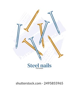 Nails, fastener. Vector illustration. Steel items for carpentry. Construction tools for assembly and repair. Industrial parts. For background, packaging, banner, label
