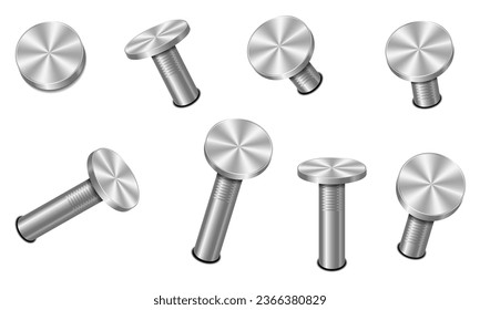 Las uñas se colocan en la pared. Juego de clavos de hierro 3d. Picos de acero recto y doblado con cabeza de círculo. Clavos de hardware. Ilustración del vector