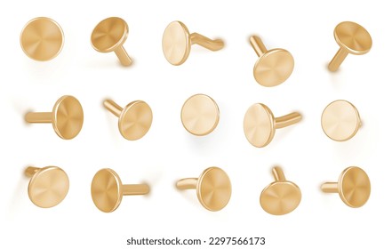 Nails hammered into wall, gold pin heads. Realistic 3d vector illustration