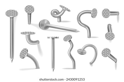 Nails Hammered Into Wall Isolated Set On White Background. Steel Or Silver Pin Heads, Straight And Bent Metal Hardware