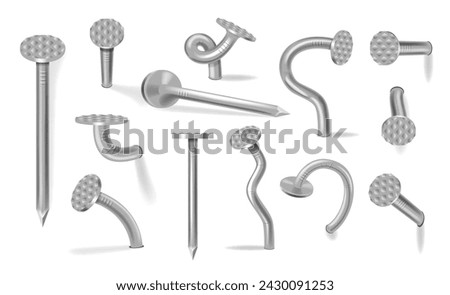 Nails Hammered Into Wall Isolated Set On White Background. Steel Or Silver Pin Heads, Straight And Bent Metal Hardware