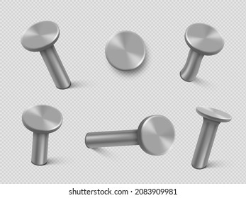 Nails hammered into wall, steel or silver pin heads. Realistic 3d vector illustration