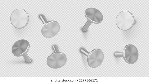 Nails hammered into wall, steel or silver pin heads. Realistic 3d vector illustration