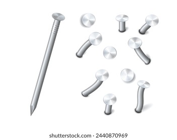 Nails hammered into wall steel straight and bent metal hardware spikes. Hobnails with grey caps top view isolated on transparent background. Vector