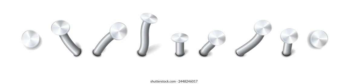 Nails hammered into wall steel straight and bent metal hardware spikes. Hobnails with grey caps top view isolated on transparent background. Vector