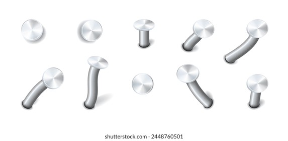Nails hammered into wall steel straight and bent metal hardware spikes. Hobnails with grey caps top view isolated on transparent background. Vector