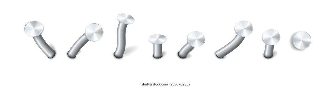 Nails hammered into wall steel straight and bent metal hardware spikes. Hobnails with grey caps top view isolated on transparent background. Vector