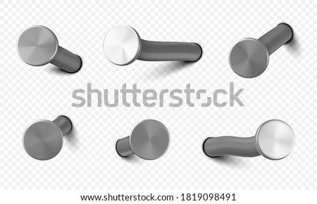 Nails hammered into wall, steel or silver pin heads, straight and bent metal hardware spikes or hobnails with grey caps top view isolated on transparent background. Realistic 3d vector icons set 商業照片 © 
