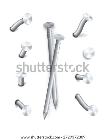 Nails hammered into wall steel straight and bent metal hardware spikes. Hobnails with grey caps top view isolated on transparent background. Vector