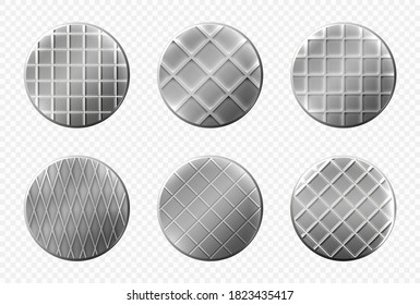 Nails heads top view, steel metal pins with checkered ornament, spikes hardware grey caps with grooves, new hobnails isolated on transparent background. Realistic 3d vector illustration, icons set