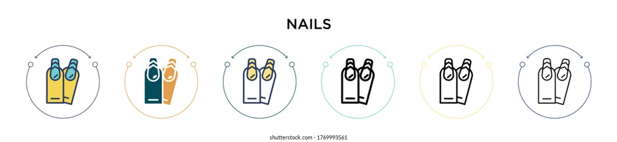 Icono de las uñas en el estilo relleno, delgado, contorno y trazo. Ilustración vectorial de dos iconos vectores de clavos de color y negro se puede utilizar para móviles, ui, web