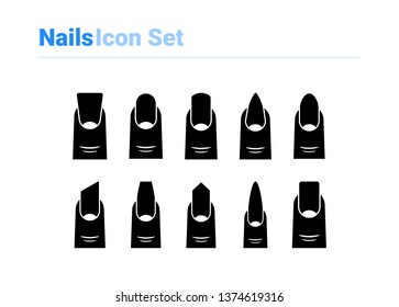 Nails icon set of black and white types. Isolated vector sign symbols. Icon pack.