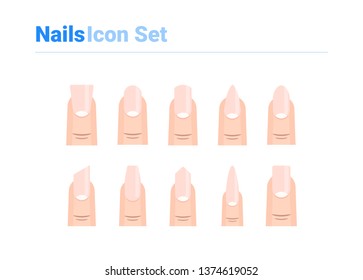 Nails icon set of color types. Isolated vector sign symbols. Icon pack.