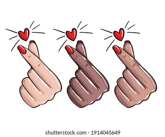 Nails Love, Manicure Like Sign. Korean Love Gesture, Emoji  Manicure Master StickersFemale Hand Showing Love, Beauty Salon  Art. Vector 