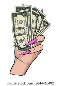 Nails and manicure illustration with woman hands holding money , beauty salon art 