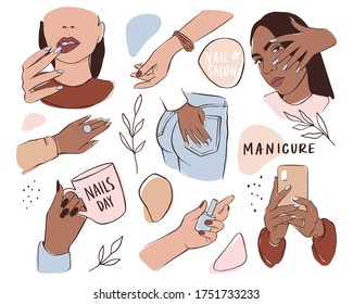 Nails and manicure set. Female hands with different skin colors, hold nail polish or phone. Vector Template for beauty salon, logo, stickers and social media. Isolated on white.