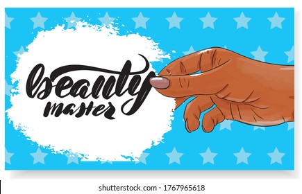 Nails master gift voucher card template. Pop art discount coupon or certificate layout with polka dot shape pattern. Vector fashion blue background design with information text. But first manicure.