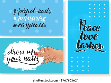 Nails master gift voucher card template. Pop art discount coupon or certificate layout with polka dot shape pattern. Vector fashion blue background design with information text. But first manicure.