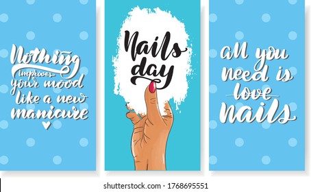 Nails patrón de tarjeta de vales de regalo. Cupón de descuento de arte pop o diseño de certificado con patrón de forma de punto de polka. Diseño de fondo azul de moda vectorial con texto informativo. Pero primero manicura.