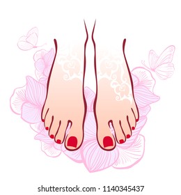 Nails pedicure spa poster, woman's legs or feet with red nails, hand drawn flowers background, beauty salon, nails studio logo. Vector illustration.