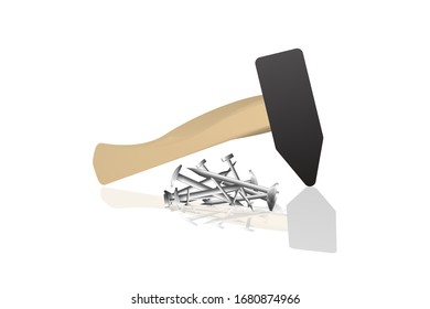 Nails pile and hammer. The group fastener symbol vector illustration.
