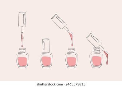 Nails polish bottles and brushes drawing with pink color in linear style on beige background