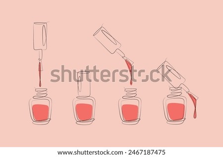 Nails polish bottles and brushes drawing with pink color in linear style on peach background