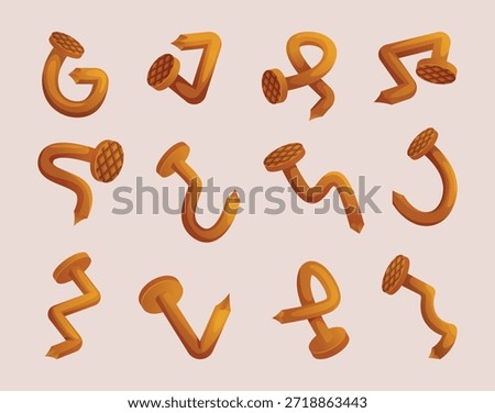 Nails. Rusty curved and damaged nails set for carpenter work exact vector tools collection for hammer