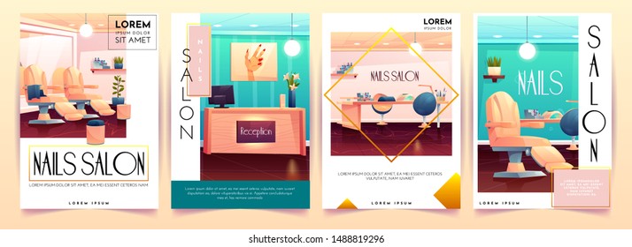 Nails salon banners set. Manicure, pedicure beauty procedures ad posters, studio interior with reception desk, furniture, appliances, table, clients transforming armchair Cartoon vector illustration