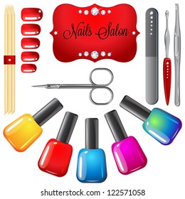 Nails salon set of vector illustrations, can be used for manicure salon advertisement, brochures, website decoration, background