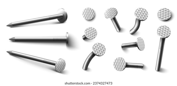 Nails screw-bolt isolated isometric vector illustration set. Engineering fastening tool different form, shape and position isolated on white background