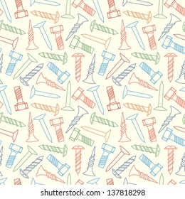 Nails and screws color seamless pattern. Vector cartoon background.
