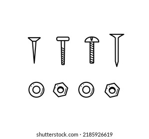 Nails Screws And Nuts Washers, Vector Doodle Set Of Building Elements