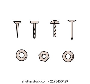 Nails Screws And Nuts Washers, Vector Doodle Set Of Building Elements