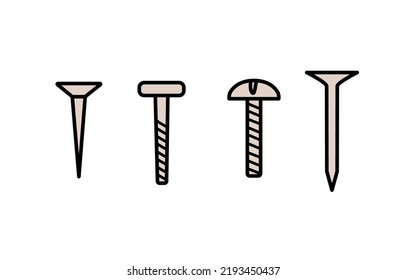 Nails And Screws, Vector Doodle Set Of Building Elements.