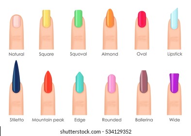 Nails shape icons set. Types of fashion bright colour nail shapes collection. Fashion nails type trends. Beauty spa salon colorful woman fingernails set