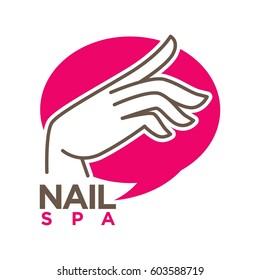 Nails spa salon design studio manicure vector flat logo template. Isolated icon of woman hand and pink or red nail polish drop splash