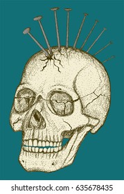 nails sticking out of the skull. Isolated vector illustration