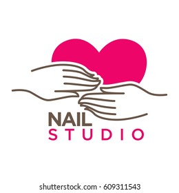 Modelo de logotipo plano de nails studio o salón de manicura vectorial. Icono aislado de las manos de la mujer y el corazón rosado o rojo